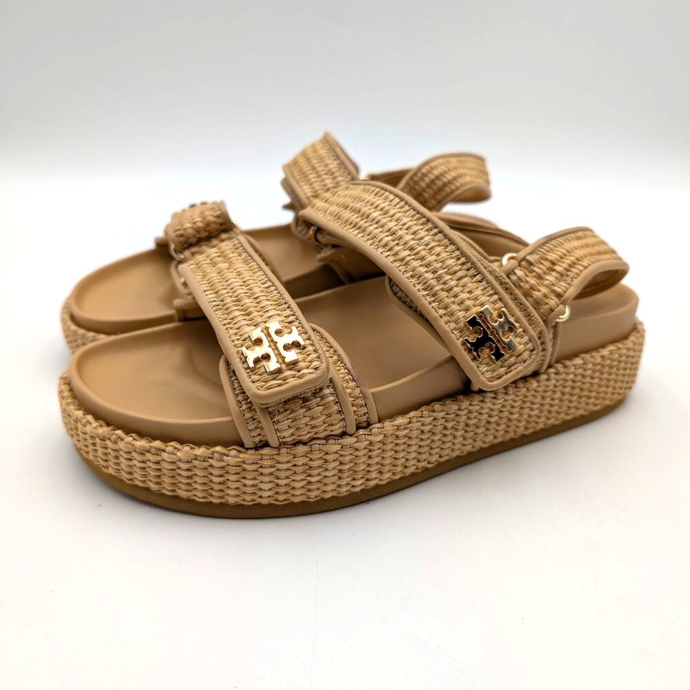 Tory Burch Kira Two Band Sport Platform Sandals Women's Havana Sand Sz US7M EU38